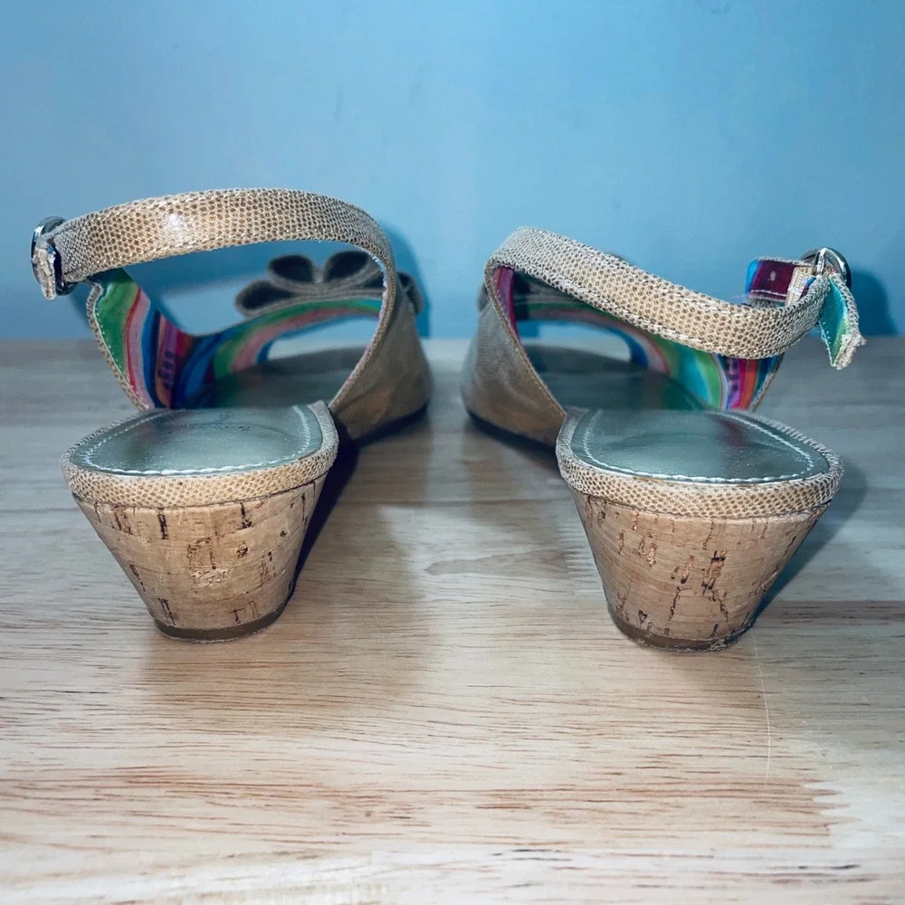 Anne Klein iFlex Natural Lizard Embossed Bow Cork Wedge Sandals Women's 8M